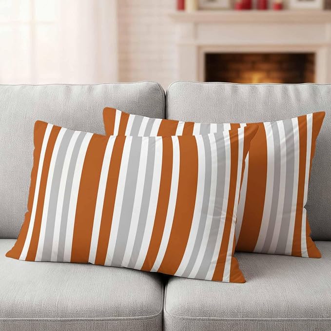 Burnt Orange Grey Stripe Outdoor Pillow Covers 20x12 Inch Lumbar Pillow Covers Set of 2 Waterproof Decorative Throw Pillow Cases Farmhouse Minimalist Striped Cushion Covers for Patio Furniture Garden