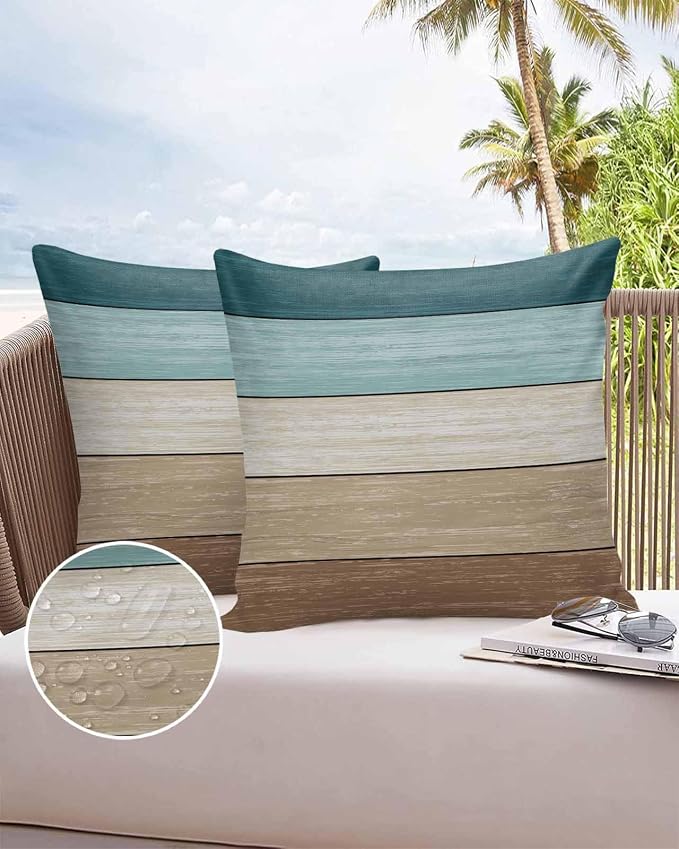 Vandarllin Outdoor Throw Pillow Covers 16X16 Set of 2 Waterproof Teal Blue Brown Decorative Zippered Cushion Covers for Patio Furniture, Farmhouse Retro Rustic Barn Wood Texture Lumbar Pillowcases