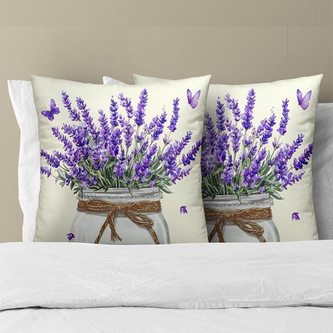 Lavender Flowers Throw Pillow Covers 16x16 Inch Set of 2,Purple Floral Mason Jar Decorative Pillow Cases Farmhouse Soft Cotton Cushion Cover for Couch Sofa Bed Home Decor
