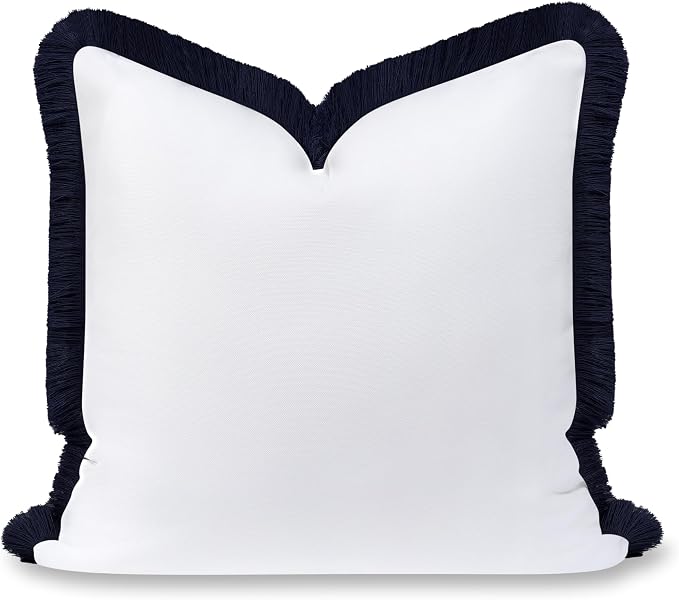 Hofdeco Premium Coastal Grandmillennial Patio Indoor Outdoor Throw Pillow Cover Only, 22"x22" Water Repellent for Backyard, Couch, Poolside, White Navy Blue Solid