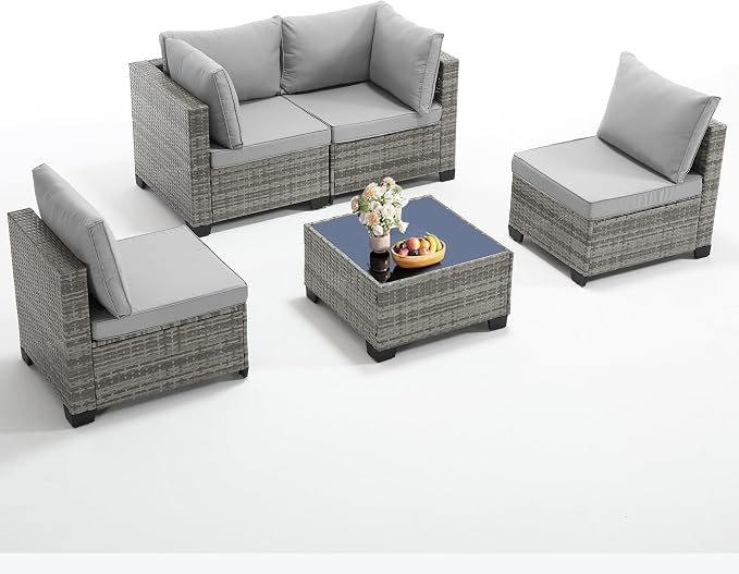 5-Piece Outdoor Patio Furniture Set, PE Rattan Weaving Sofa with Light Grey Cushions and Steel Frame, Coffe Table Included, Outdoor Conversation Set Grey