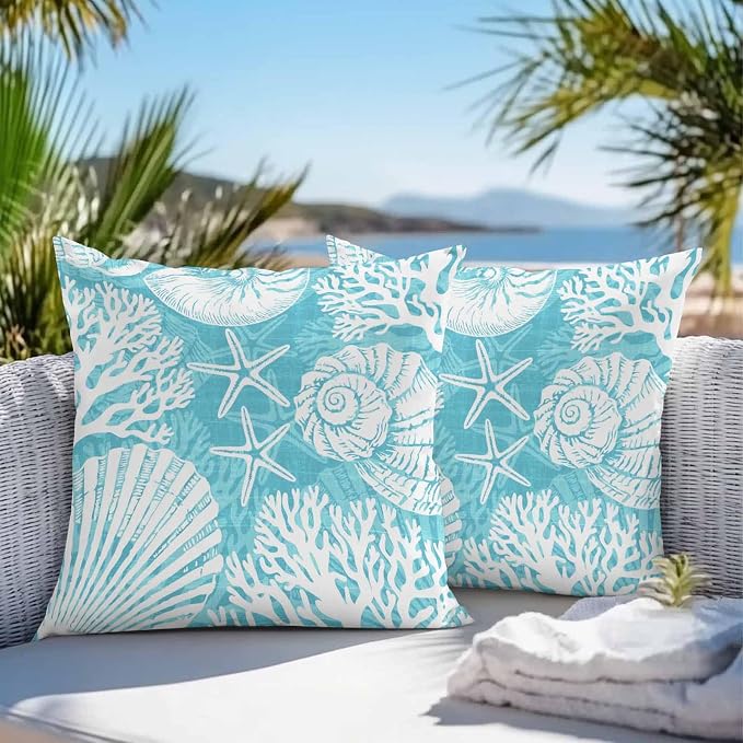 Outdoor Pillow Covers 20x20 Inch Set of 2, Teal Starfish Coastal Waterproof Throw Pillow Covers, Summer Coral Shell Beach Nautical Decorative Cushion Pillowcases for Couch, Sofa, Bed, Garden, Patio