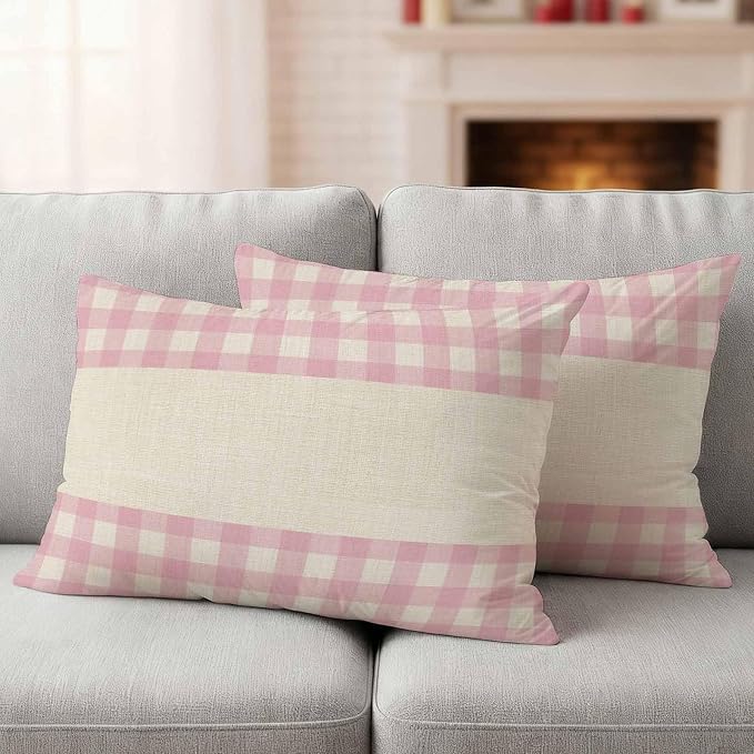 Retro Pink Outdoor Waterproof Pillow Covers, Farmhouse Buffalo Plaid Vintage Beige Decorative Rectangle Throw Pillowcase Sofa Cushion Sham for Patio/Couch/Chair, 20"x12" 2 Pack