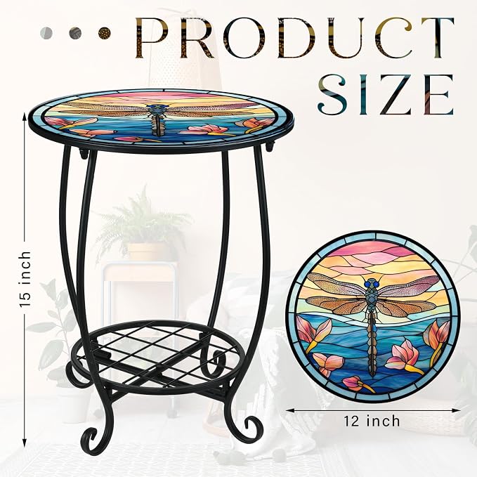 Cinnvoice Outdoor Side Table Round Small Mosaic Patio Accent Indoor End Plant Coffee Tea Table for Yard Patio Porch Garden Living Room, Bedroom(Dragonfly Style,12 Inch)