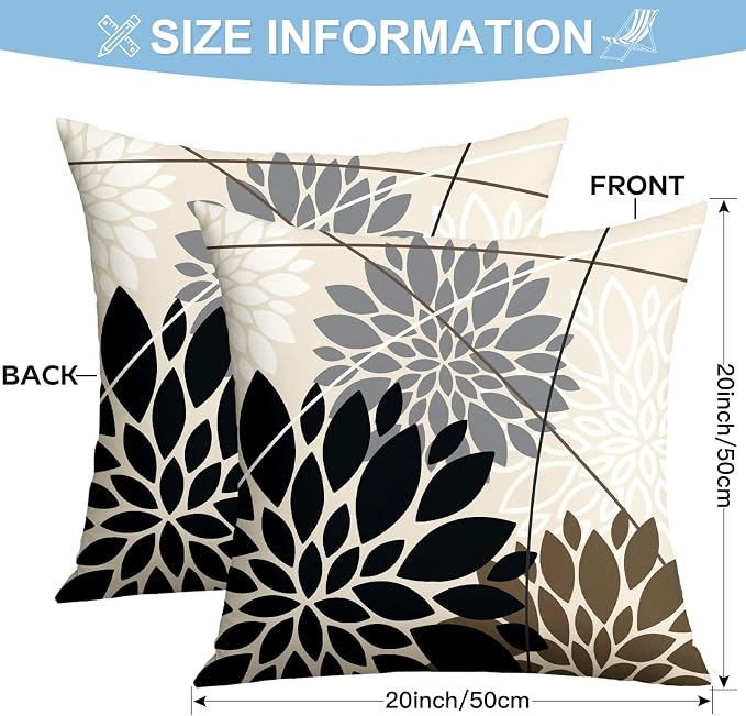 OTOSTAR Outdoor Black Gray Pillow Covers 20x20 Inch Set of 2 White Flower Throw Pillows Farmhouse Geometric Dahlia Floral Square Cushion Case Waterproof Decor for Sofa Patio Funiture Garden