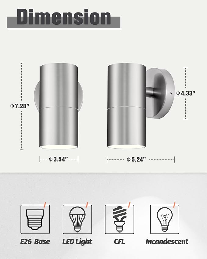 Ken & Ricky Modern Stainless Outdoor Wall Sconce Lights,Brush Nickel，2 PK | Downward Outside Wall Light With Glass Cover,No Glare Exterior Lighting Fixtures,For House Front Porch Garage Patio Entryway