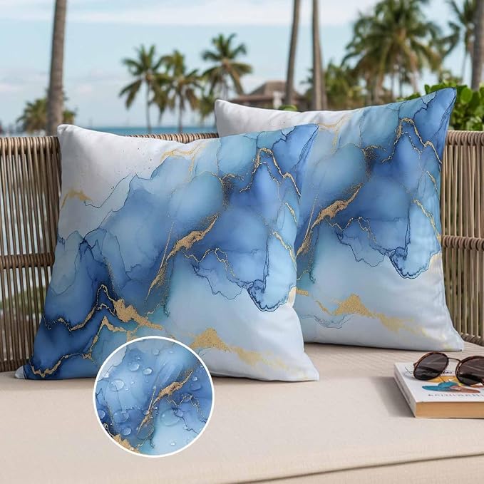 Abstract Marble Texture Outdoor Waterproof Throw Pillow Covers Set of 2, 20"x20", Gold Blue Gradient Modern Art Decoration Decorative Pillow Covers Outside Cushion Case for Patio Porch Garden