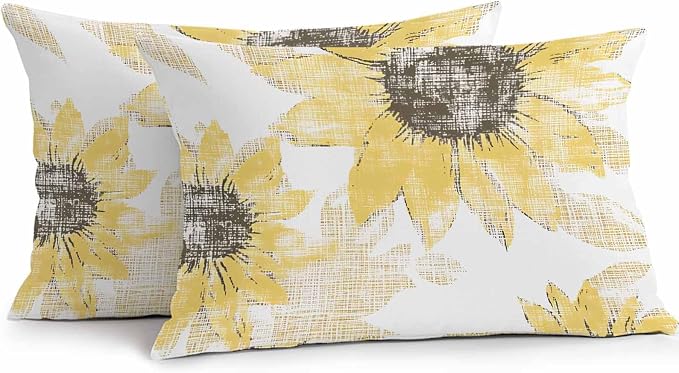 Vandarllin Outdoor Throw Pillows Covers 20x12 inch Set of 2 Waterproof Yellow Sunflower Decorative Zippered Cushion Covers for Patio Furniture, Flower Field Lumbar Pillowcases