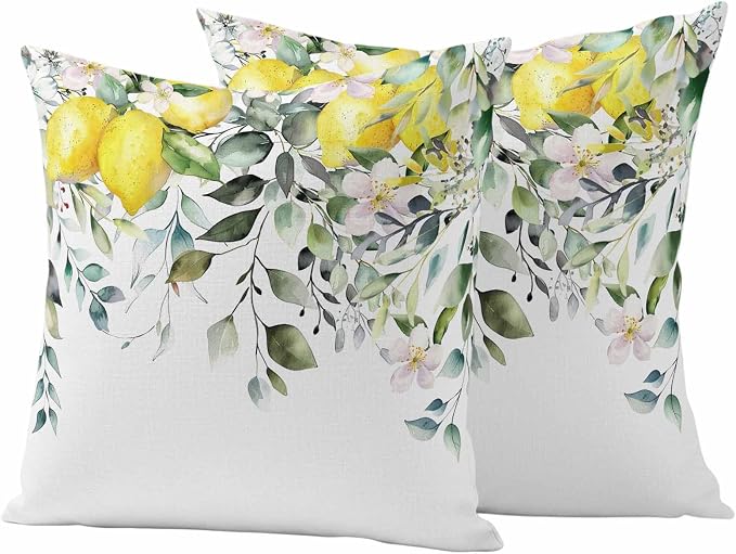 Rustic Floral Plant Outdoor Waterproof Throw Pillow Covers Set of 2, 18"x18", Green Eucalyptus Leaves Sage Lemon White Decorative Pillow Covers Outside Cushion Case for Patio Porch Garden
