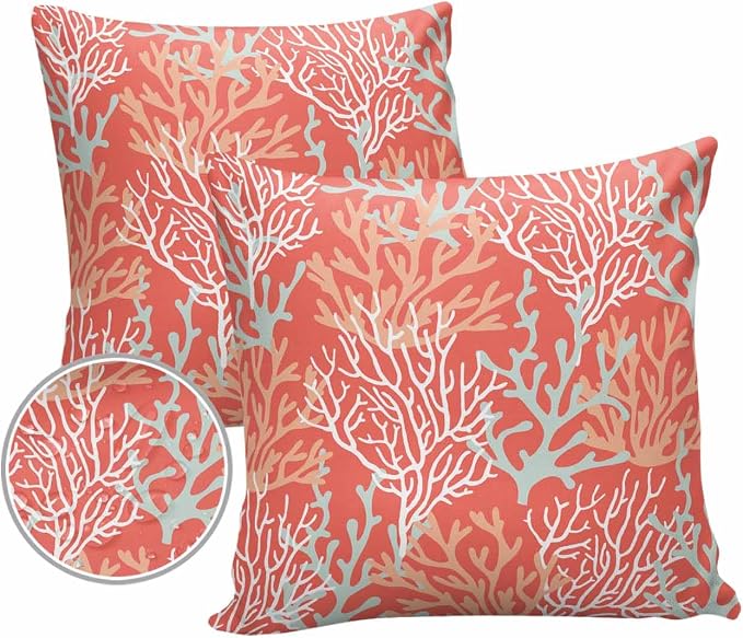 Pack of 2 Outdoor Pillow Covers 18x18 Waterproof Orange Ocean Coral Throw Pillow Covers, Decorative Pillowcases Nautical Coastal Summer Beach Cushion Covers for Patio Garden Couch Pillow Case