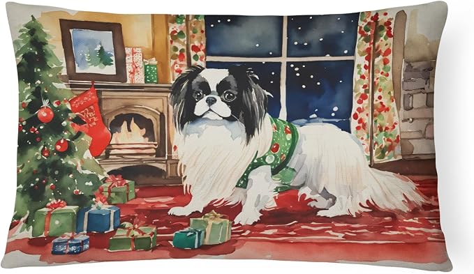 Caroline's Treasures DAC2683PW1216 Japanese Chin Cozy Christmas Throw Pillow Machine Washable, Indoor Outdoor Decorative Pillow for Couch, Bed or Patio, 12HX16W