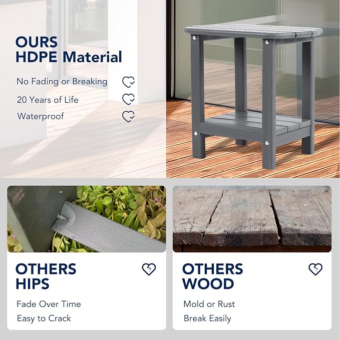 nalone Adirondack Side Table 16.5" Outdoor Side Table HDPE Plastic Double Adirondack End Table Small Table for Patio(Grey)