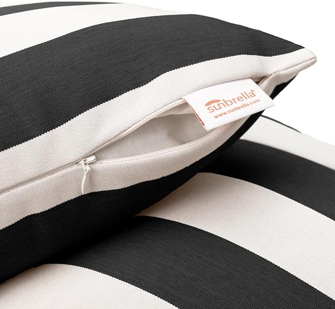 Sunbrella Cabana Stripe White/Black, Knife Edge, Zippered Opening, 24-inch Pillow Cover (Set of 2), No Insert Included