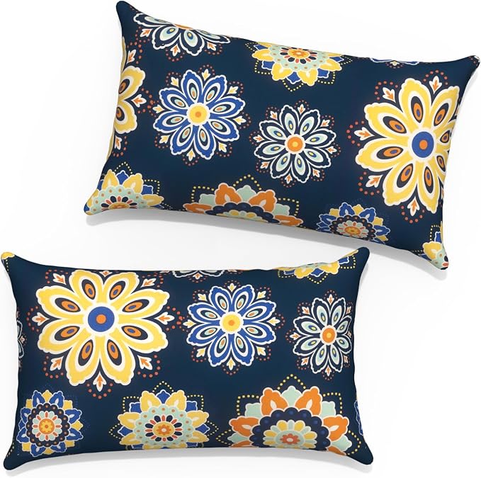 12x20 Inch Lumbae Pillow Covers, Rectangle Waterproof Throw Covers Set of 2, Decorative Patio Furniture Cushion Cases for Porch Garden, Bloom Medallion‌Cobalt