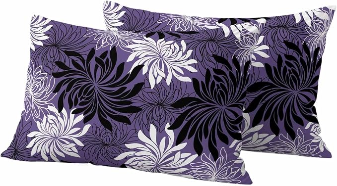 Yukro Purple Black Floral Outdoor Waterproof Pillow Covers Pack of 2, Vintage White Black Flower Purple Decorative Throw Pillowcases Cushion Covers for Garden Patio Tent Sofa Couch, 20x12 inch