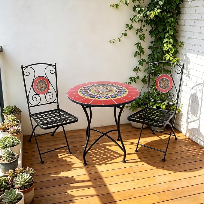 Folding Patio Chairs Set of 2 Mosaic Bistro Chair Outdoor Seating | Garden Patio Furniture Seating Heavy Duty Metal Frame Dining Chairs for Lawn Yard Balcony Porch Backyard Poolside