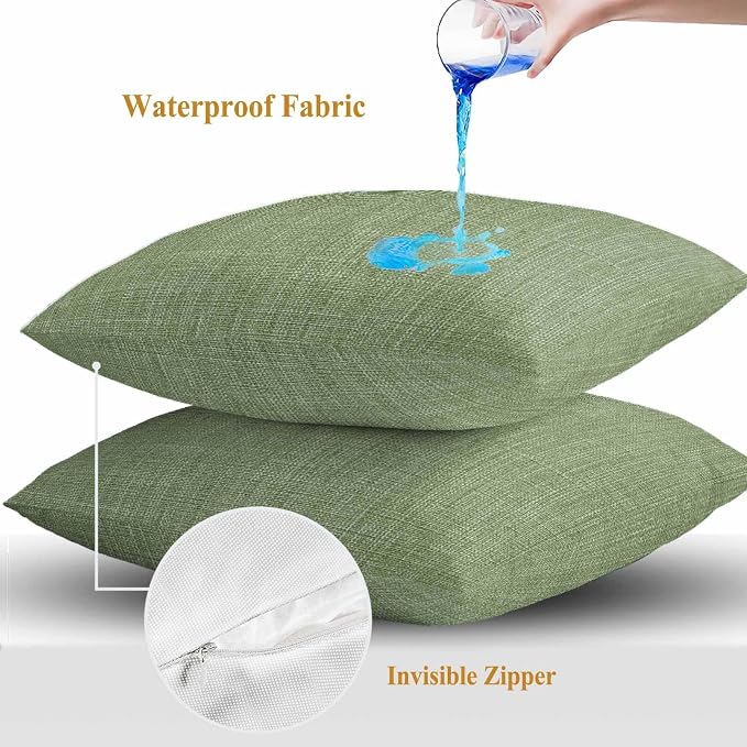 Outdoor Waterproof Throw Pillow Covers Set of 2 Sage Green Linen Pillowcases 18x18 Inches Farmhouse Pure Color Decorative Pillows Cushion Case Patio Pillows for Couch Bed Chair Garden