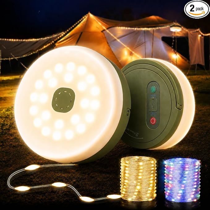 2-Pack Camping String Lights, Quick Storage 32.8FT Rechargeable Tent Lights String with 8 Modes, Hanging Waterproof Portable LED Lamp for Camping Outdoor Patio Awning Garden Party Essentials