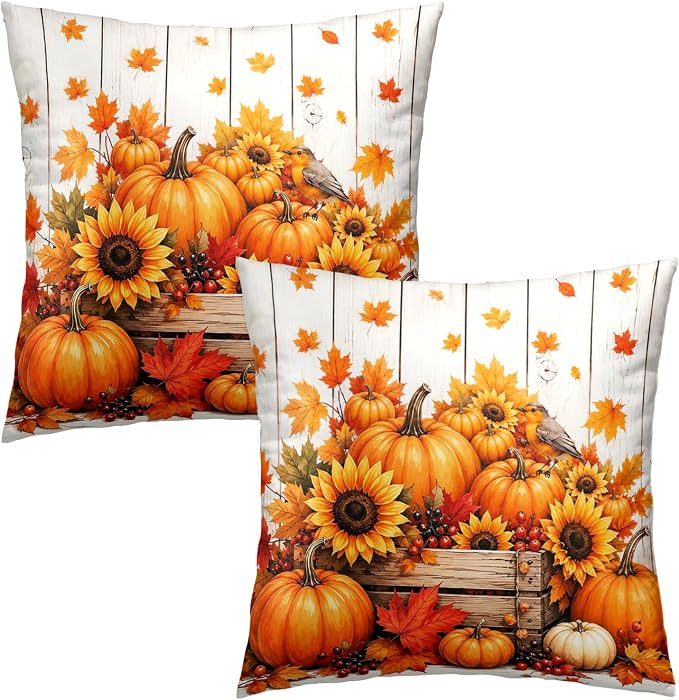 Pumpkin Pillow Covers Autumn Maple Leaf Throw Pillow Covers 20x20 Set of 2 Fall Pillow Cases Thanksgiving Berry Sunflowers Cushion Cases for Home Bedroom Living Room Patio