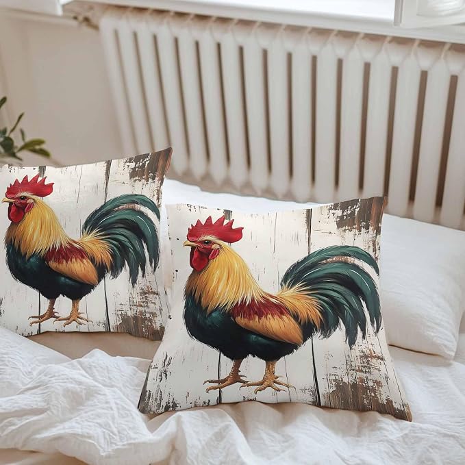 Vintage Rooster Outdoor Waterproof Throw Pillow Covers 16x16 Set of 2, Retro Farmhouse Rooster Watercolor Decorative Pillowcases Cushion Pillowcase for Couch Sofa Patio Outside Pillow Protector