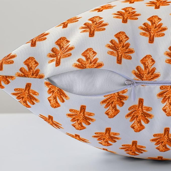 Outdoor Pillow Covers 18x18 Set of 2 Boho Orange Floral Accent Print Decorative Throw Pillow Cases for Outdoor Waterproof Patio Furniture Garden Porch Sofa Bed Cushion Covers Home Decor JB005-I18