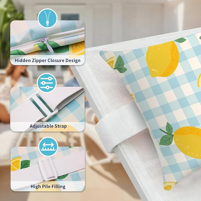 Outdoor Pillows for Lounge Chair Head Resting 2 Pack Waterproof | Headrest Lumbar Pillows with Adjustable Strap for Recliner Beach Pool Lounger Chair, Lemon