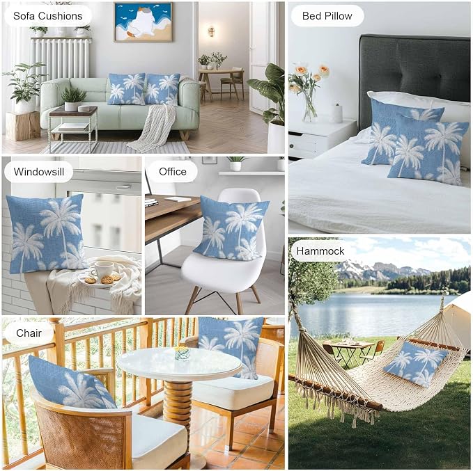 Outdoor Pillow Covers 18x18 Inch Set of 2, Blue Palm Trees Waterproof Throw Pillow Covers, Farmhouse Tropical Summer Beach Decorative Cushion Pillowcases for Couch, Sofa, Bed, Garden, Patio