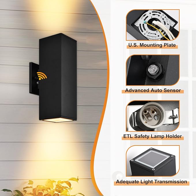 Dusk to Dawn Outdoor Wall Lights, 2 Pack Waterproof Exterior Lighting Fixtures, Up Down Porch Lights Outdoor Lights for House Porch Patio, ETL Listed