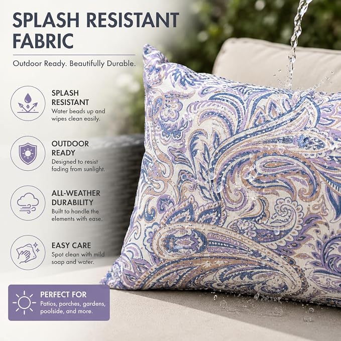 Pack of 2 Patio Lumbar Pillows 12"x20" | Fade Resistant Outdoor Waterproof Lumbar Pillow with Inners Decorative Garden Lumbar Cushions for Home Patio Terrace Sofa