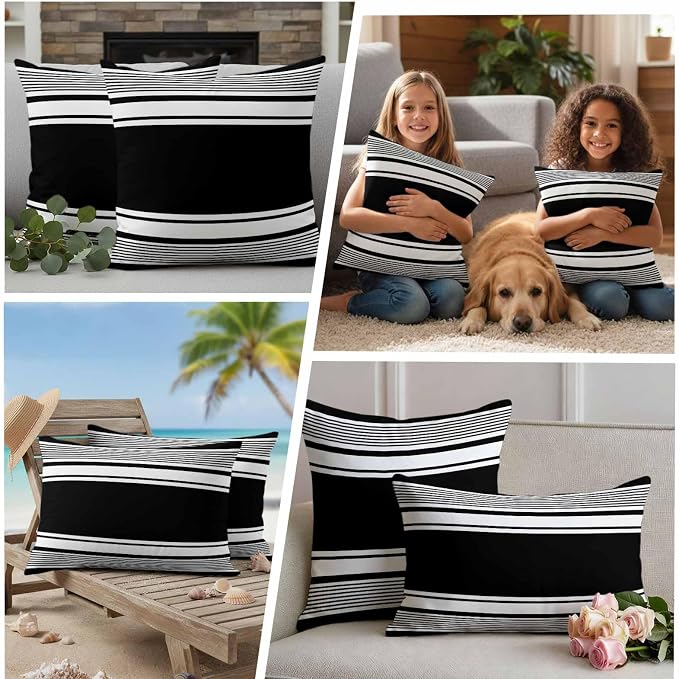 Vandarllin Outdoor Throw Pillows Covers 26x26 inch Set of 2 Waterproof Black Stripes Decorative Zippered Cushion Covers for Patio Furniture, Striped Lines Lumbar Pillowcases