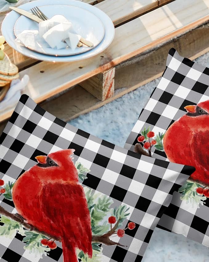 Vandarllin Christmas Outdoor Throw Pillows Covers 20X20 Set of 2 Waterproof Red Cardinals Decorative Zippered Lumbar Cushion Covers for Patio Furniture, White Black Buffalo Check Plaid