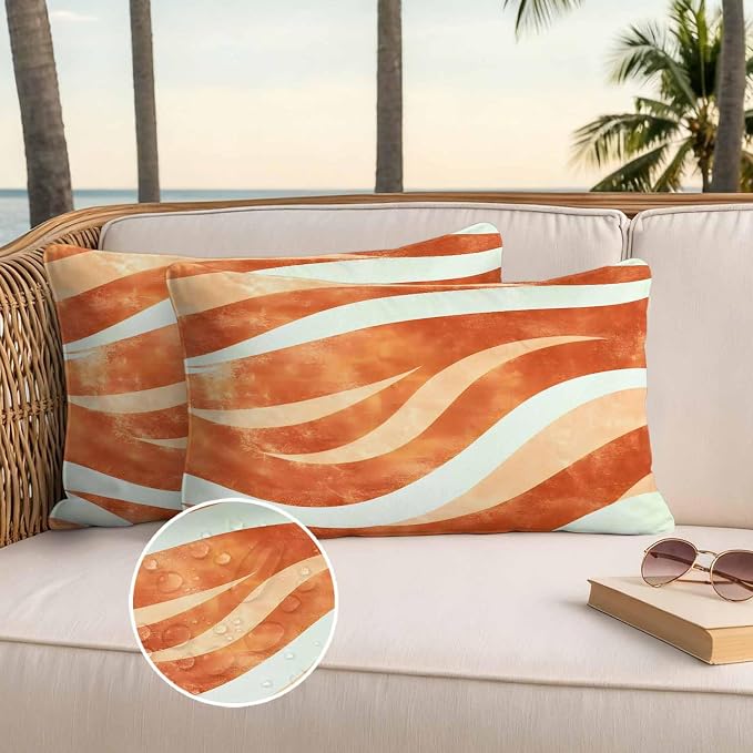 Burnt Orange Waves Waterproof Outdoor Pillow Covers Set of 2 Home Decor, Ombre Sea Ripples Shabby Beach Pillowcase Patio Pillow Covers for Couch Bench Furniture Garden 20x12in