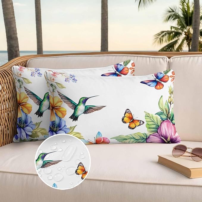 Spring Flowers Bird Outdoor Waterproof Throw Pillow Covers Set of 2, 20"x12", Hummingbird Butterfly Rustic Decorative Pillow Covers Outside Cushion Case for Patio Porch Garden