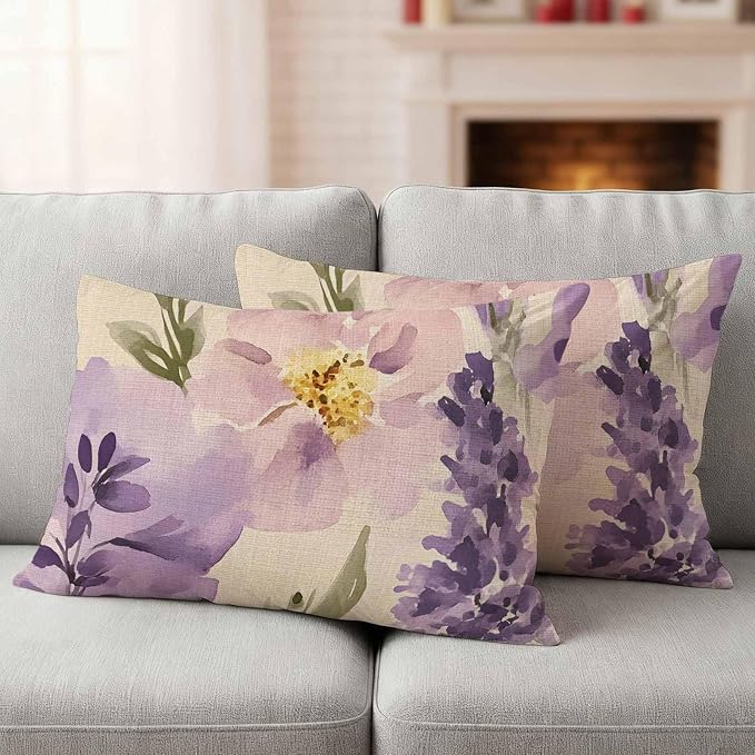 Spring Flowers Outdoor Waterproof Throw Pillow Covers Set of 2, 20"x12", Lavender Leaf Purple Floral Vintage Decorative Pillow Covers Outside Cushion Case for Patio Porch Garden