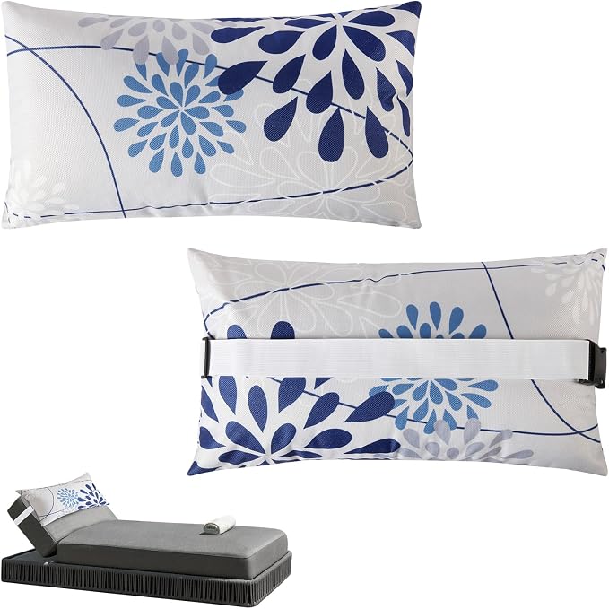 Chaise Head Rest Pillows Set of 2, Waterproof Outdoor Lounge Pillow Lumbar Pillows with Insert Adjustable Elastic Strap Decorative Pillows for Patio Beach Pool Chair, Dark Blue Gray