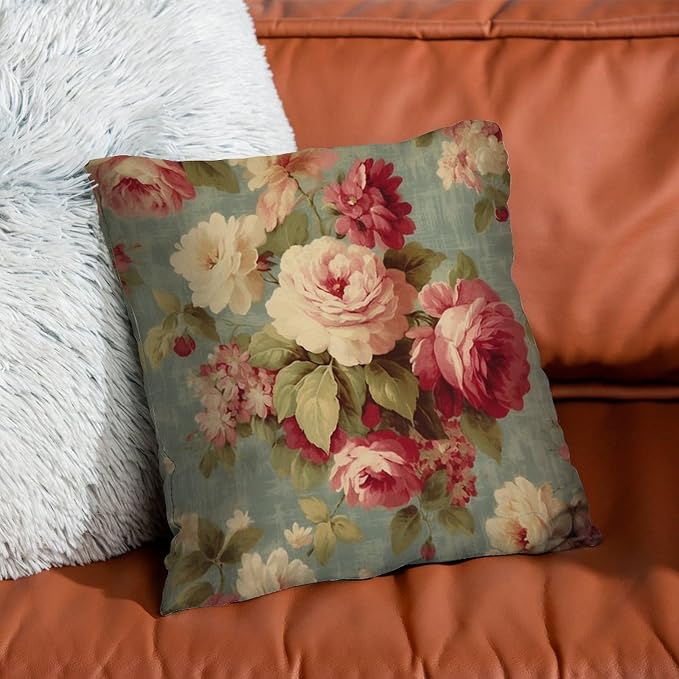 Cushion Cases Watercolor Pink Roses Pillowcase Classic Romantic Aqua Flower Pillow Cover Accent Square Couch Sofa Cushion Covers for Couch Sofa Patio 18x18 in