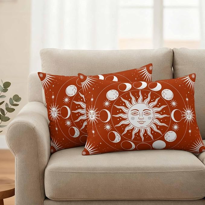 Celestial Sun and Moon Waterproof Outdoor Pillow Covers Set of 2 Home Decor, Burnt Orange Starry Galaxy Boho Lumbar Pillowcase Patio Pillow Covers for Couch Bench Patio Furniture Garden 20x12in