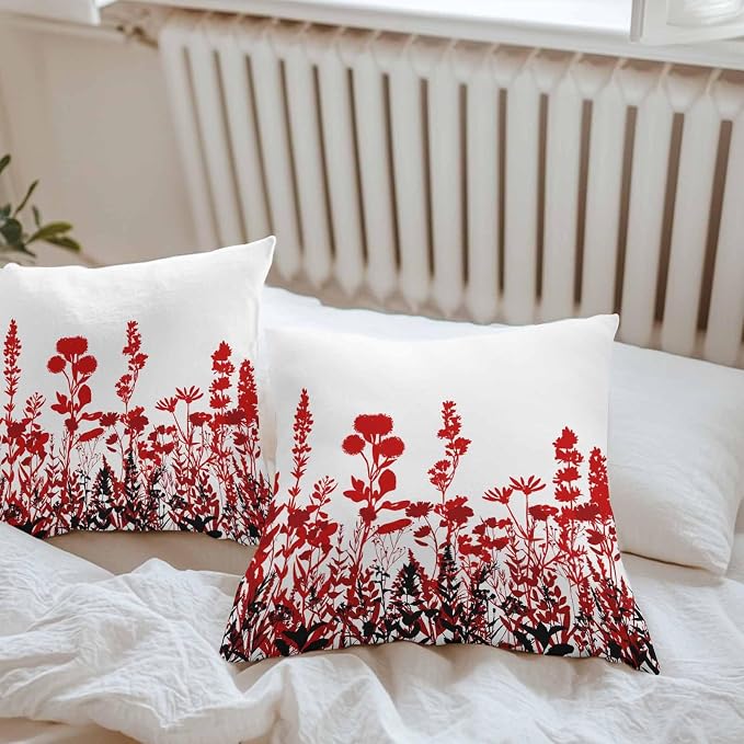 Red Flowers Waterproof Outdoor Pillow Covers Set of 2 Home Decor, Rustic Spring Wild Floral Herbs Plants Pillowcase Patio Pillow Covers for Couch Bench Furniture Garden 24x24in