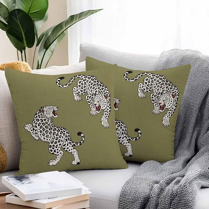 Yukro Green Leopard Outdoor Waterproof Pillow Covers Pack of 2, Modern Style Wild Animal Rustic Linen Texture Throw Pillowcases Decorative Cushion Covers for Garden Patio Tent Sofa Couch, 20x20 inch