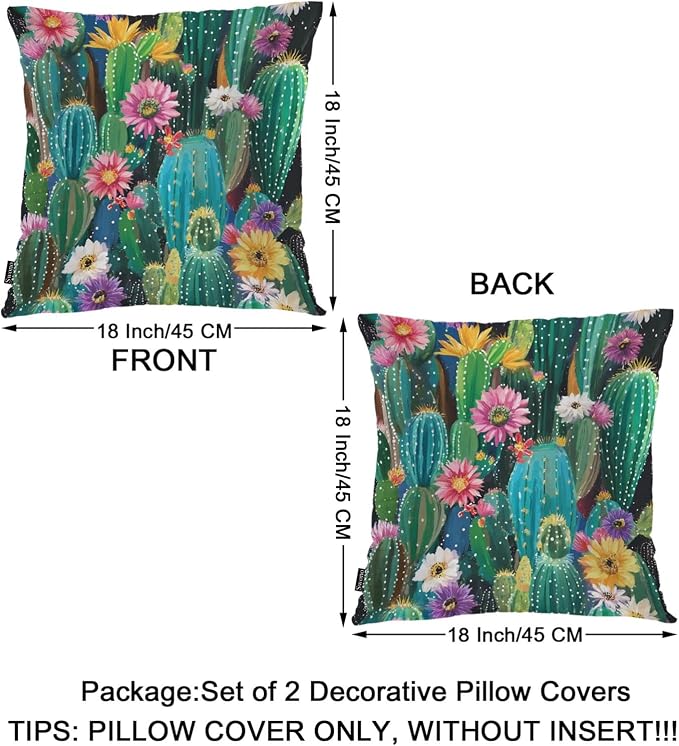 Swono Cactus Set of 2 Decorative Throw Pillow Covers Cushion Case, Tropical Rainbow Blooming Cactus Florals Farmhouse Pillowcase Cozy Pillow Cover for Couch Sofa Bed Garden Chair Car 18 X 18 Inch