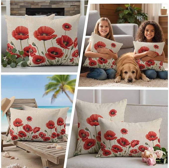 Flowers Outdoor Waterproof Throw Pillow Covers 18"x18" Set of 2, Red Opium Poppy Flowers Vintage Linen Decorative Garden Pillowcase with Zipper Cushion Case for Patio Couch Tent