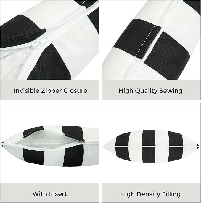 FUNHOME Outdoor Lumbar Pillows for Patio Furniture,12x20 Inch Decorative Pillows Set of 2 with Insert,Hidden Zipper Water Resistant Headrests for Sofa Couch Chair(Black White Stripe)