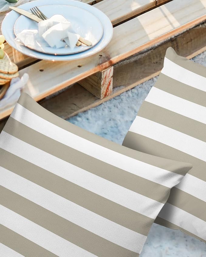 Outdoor Waterproof Pillow Covers for Patio Furniture Solid Striped Decorative Throw Pillow Cover Beige Pillowcases Set of 2 Cushion Case for Sofa Couch Chair Home Decor 24 x 24 Inches