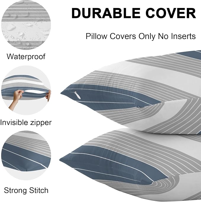 Haze Blue Grey Stripe Outdoor Pillow Covers Waterproof, All Weather Cushion Case Set of 2, Modern Art Horizontal Striped Decorative Pillowcases for Sofa Couch Bed Decor Patio Furniture 16"x16"