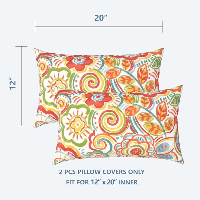 LVTXIII Outdoor/Indoor Lumbar Pillow Covers ONLY, 12” x 20” Fade-Resistant Patio Lumbar Cushion Cases Decorative Throw Pillowcase Shell for Couch Patio Garden Furniture Use - Flower Multi