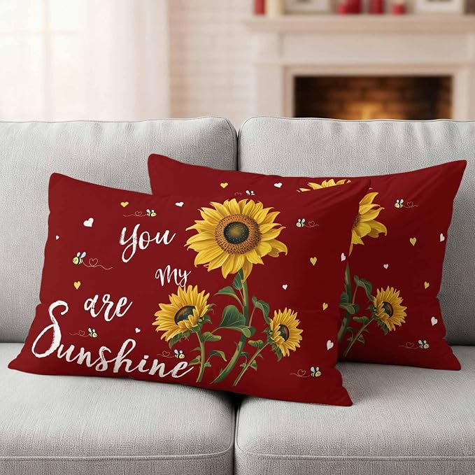 You Are My Sunshine Outdoor Pillow Covers Set of 2 Vintage Country Yellow Sunflower Floral Bees Heart Red Waterproof Throw Pillow Cover Decorative Cushion Cases for Patio Porch Garden 20X12 Inch