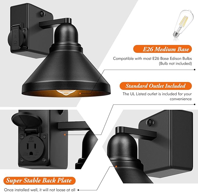 Motion Sensor Outdoor Wall Lights, Dusk to Dawn Porch Lights Outdoor Wall Sconces, Exterior Barn Lighting Fixtures with Outlet, Black Outside Lights for House, 2-Pack
