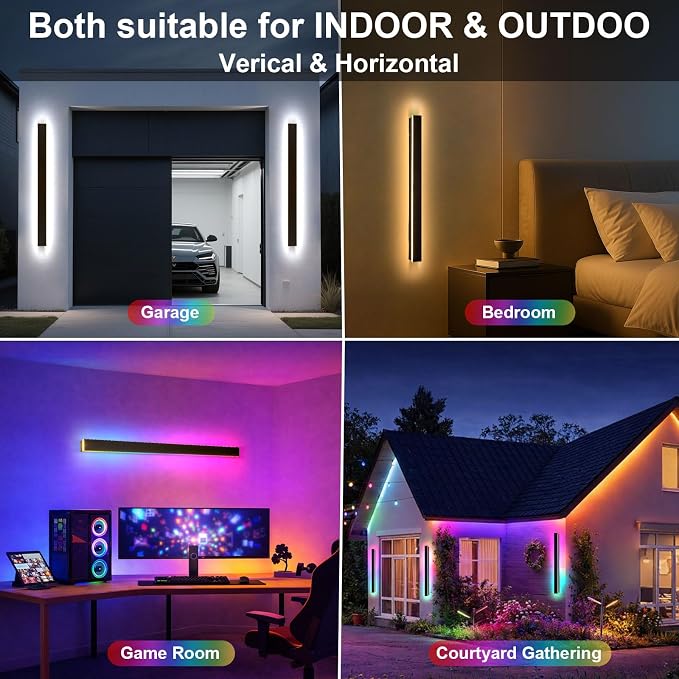 Modern Outdoor RGB Wall Lights, 2 Pack 59 Inch RGB Warm White Dimmable Exterior Wall Sconce, Ip65 Waterproof Black Linear Long Wall Light with Remote and APP Control for House, Garage, Front Door
