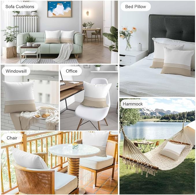 Throw Pillow Covers 26x26 Inch Set of 2, Beige White Striped Waterproof Outdoor Cushion Covers, Modern Abstract Art Aesthetics Decorative Pillowcases for Couch, Sofa, Bed, Garden, Patio