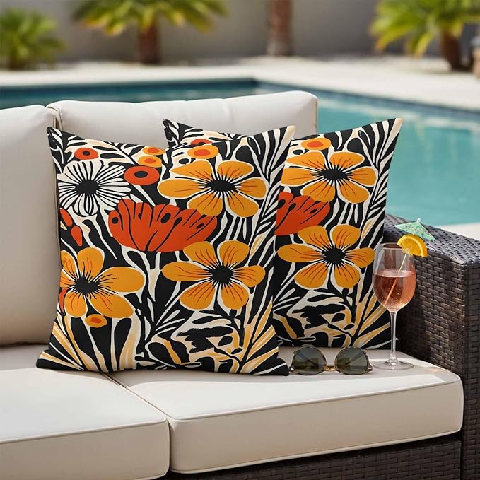 Orange Yellow Black Botanical Outdoor Pillow Covers 26x26 Inch Throw Pillow Covers Set of 2 Waterproof Decorative Pillow Cases Modernism Spring Floral Cushion Covers for Patio Furniture Garden Couch